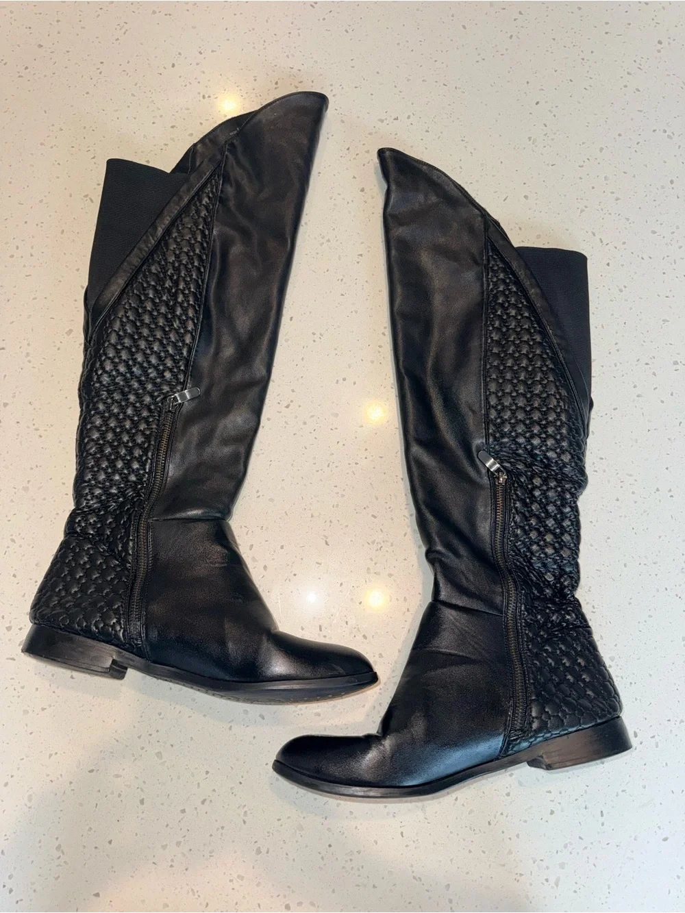 Chinese Laundry Black Over-the-Knee Leather Boots with Woven Panels